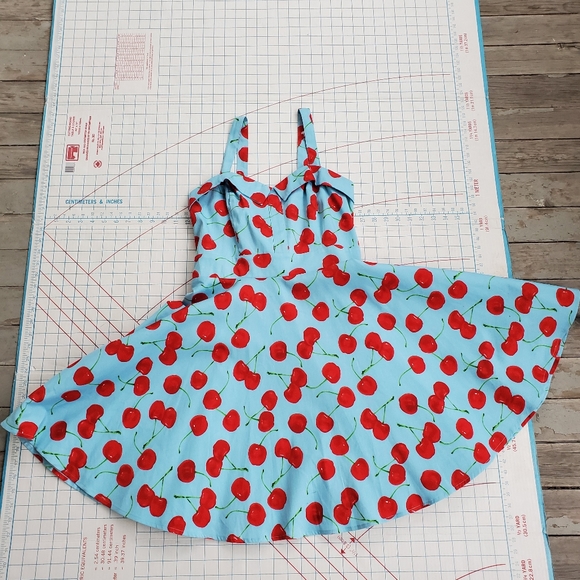 Tribal Rhythm Cherry Retro Dress Women's Medium ? Rockabilly Skater Blue Red - Picture 3 of 13